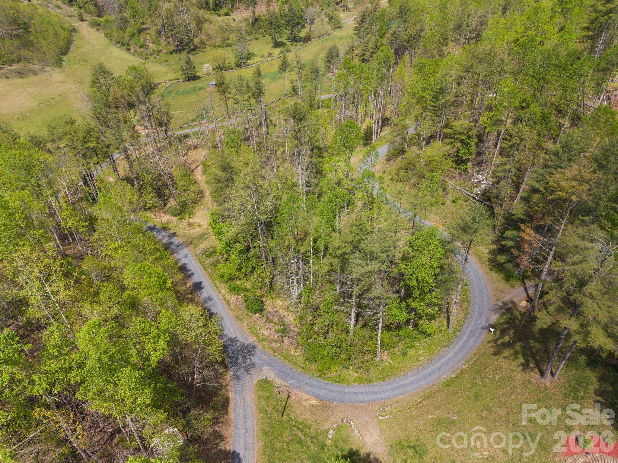Aerial view of wooded land with a winding road and grassy clearing.
