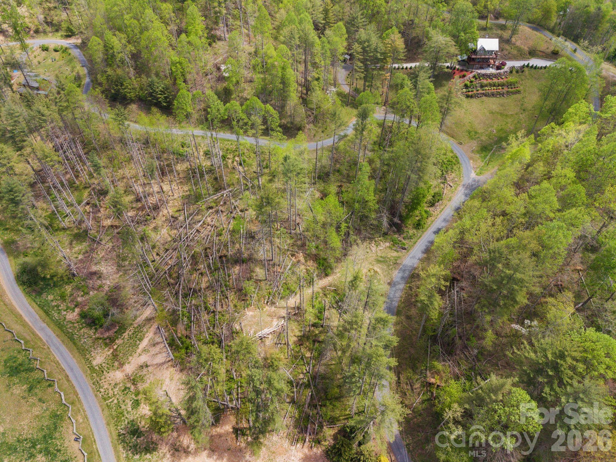 Aerial view of wooded land with a clearing, winding roads, and a nearby house.