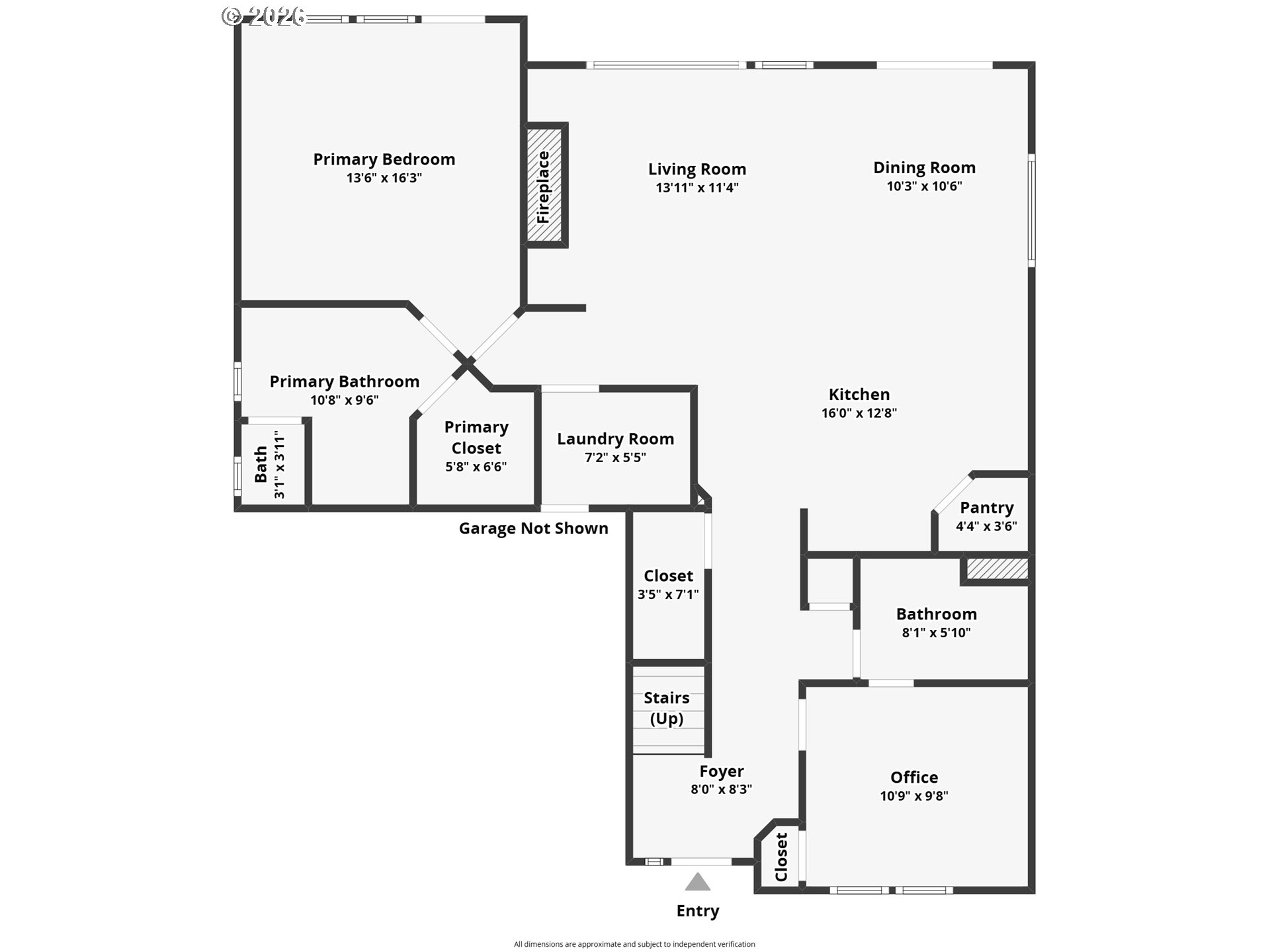 Floor plan showing the home’s room layout, labeled dimensions, entry, and garage not shown.