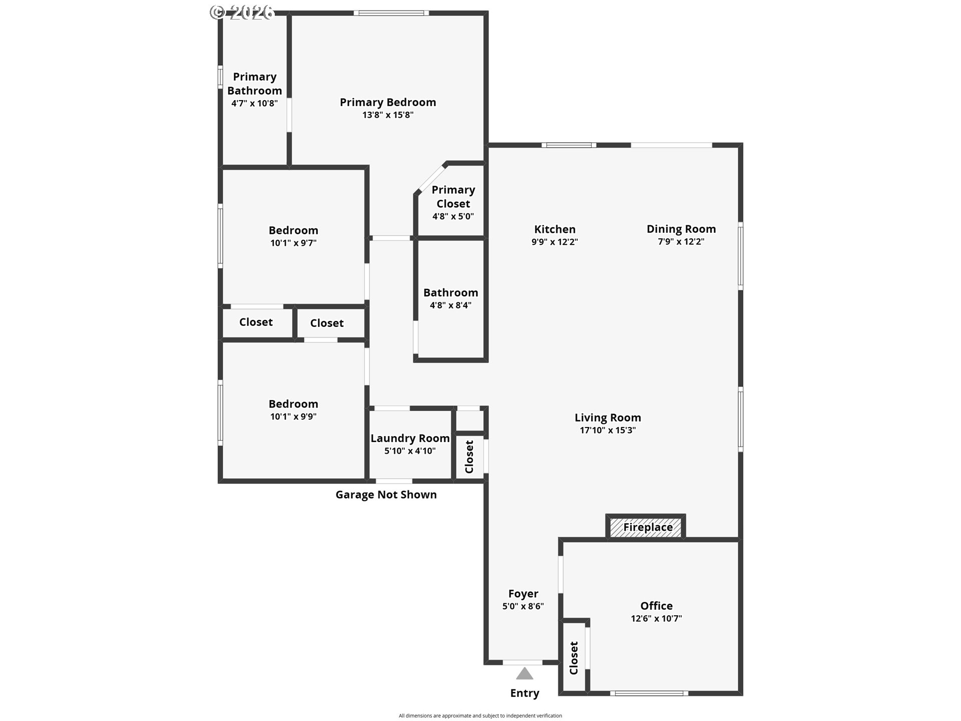 Floor plan showing three bedrooms, two bathrooms, an office, open living and dining areas, and a fireplace.