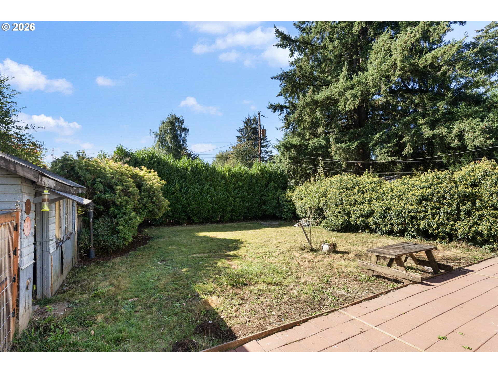 Backyard with a weathered shed, hedge-lined lawn, picnic table, and large wooden deck.
