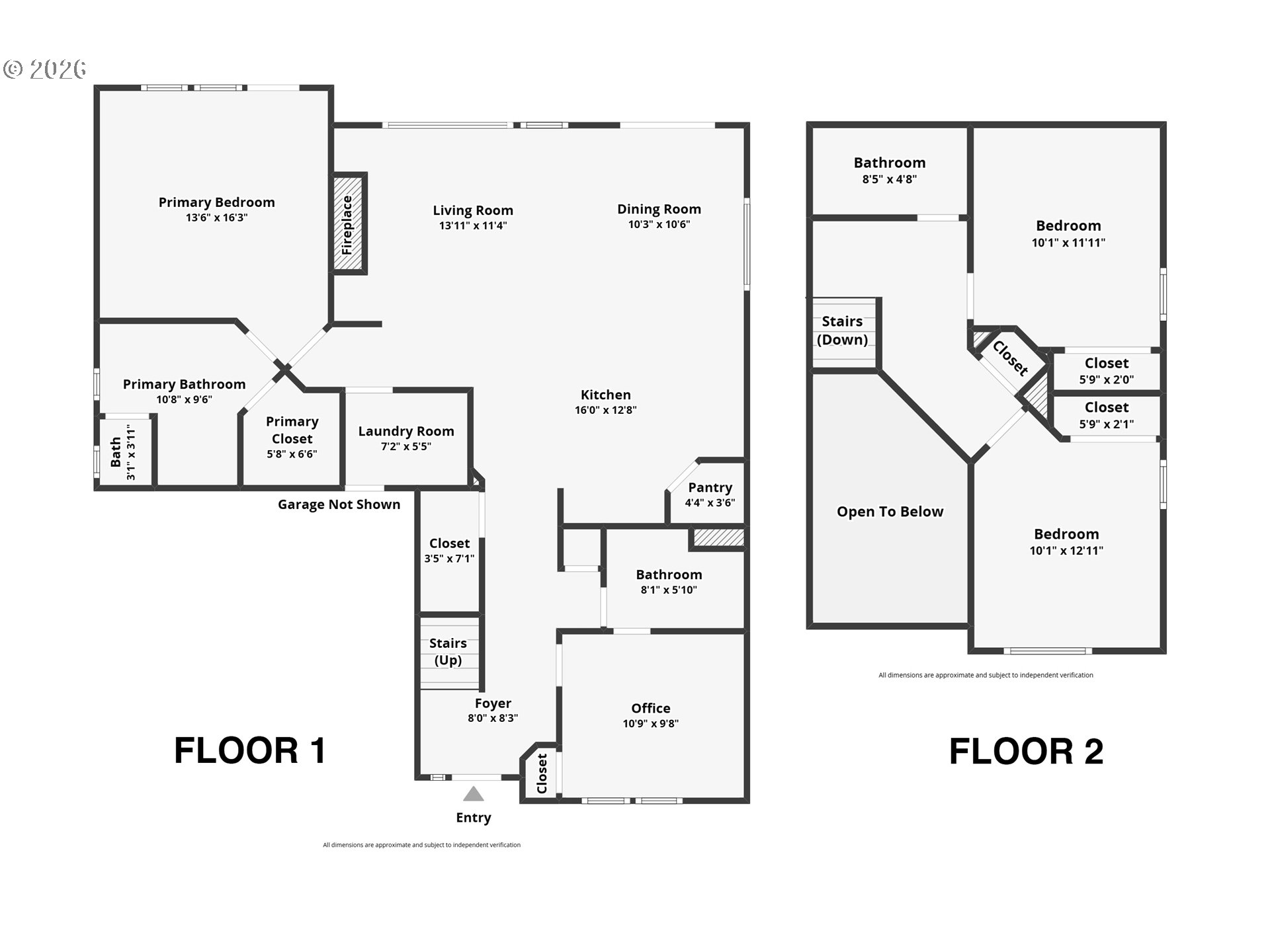 Two-story floor plan showing room layouts and approximate dimensions for both floors.