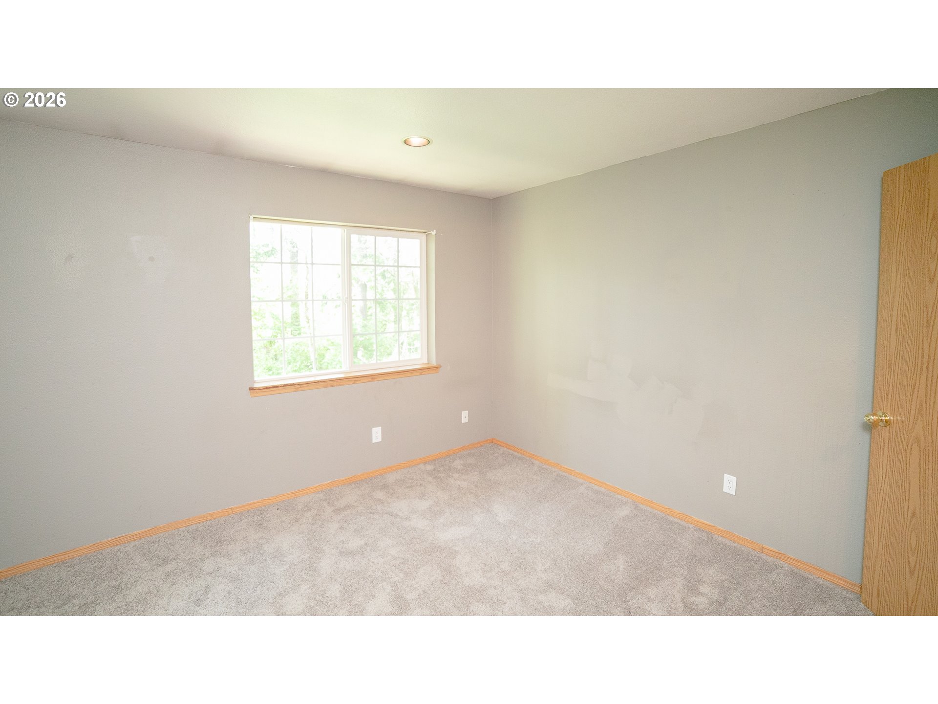 Empty bedroom with gray carpet, wood trim, and a large divided-pane window.