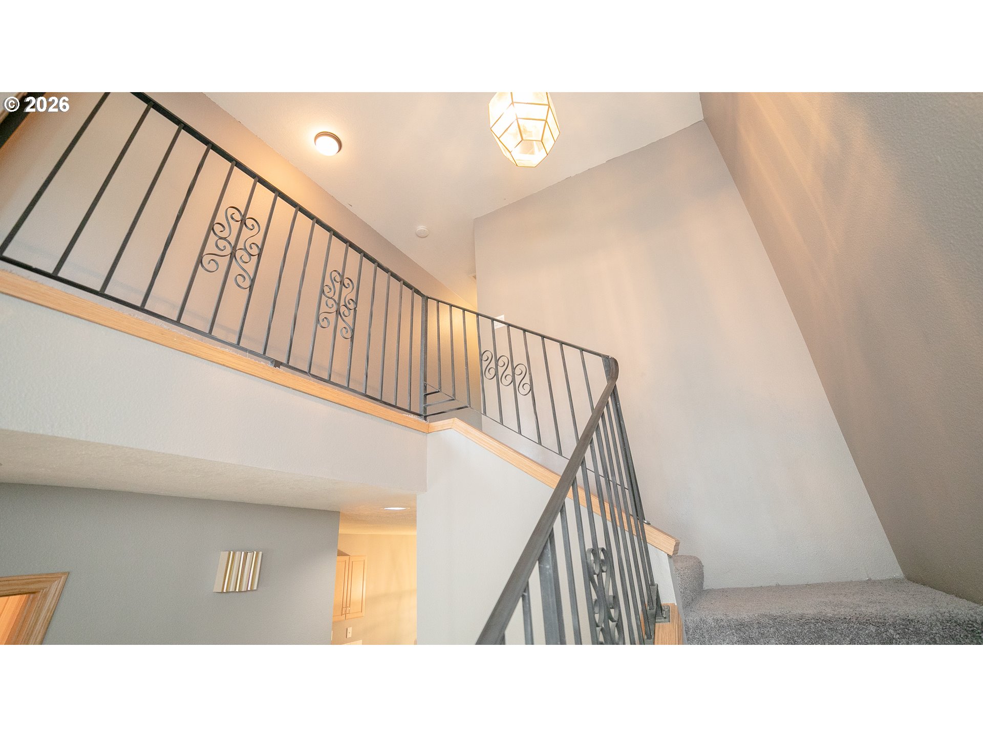 Carpeted staircase with decorative black iron railings and a bright upper landing.