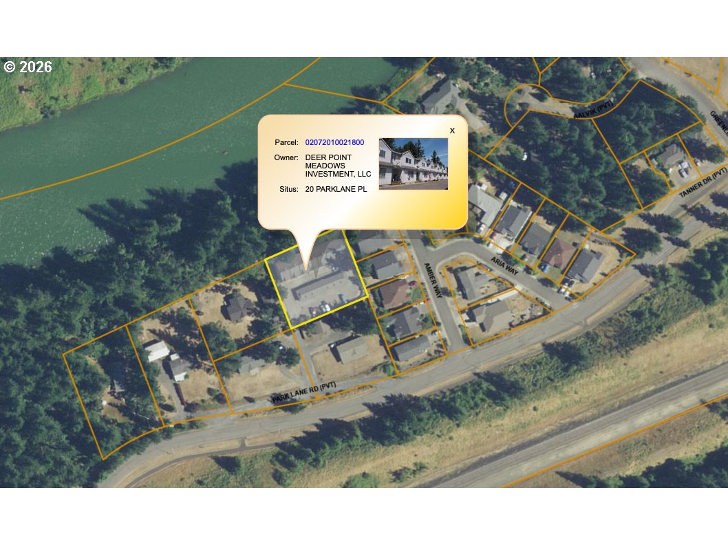 Aerial parcel map highlighting 20 Park Lane PL beside a wooded waterway.