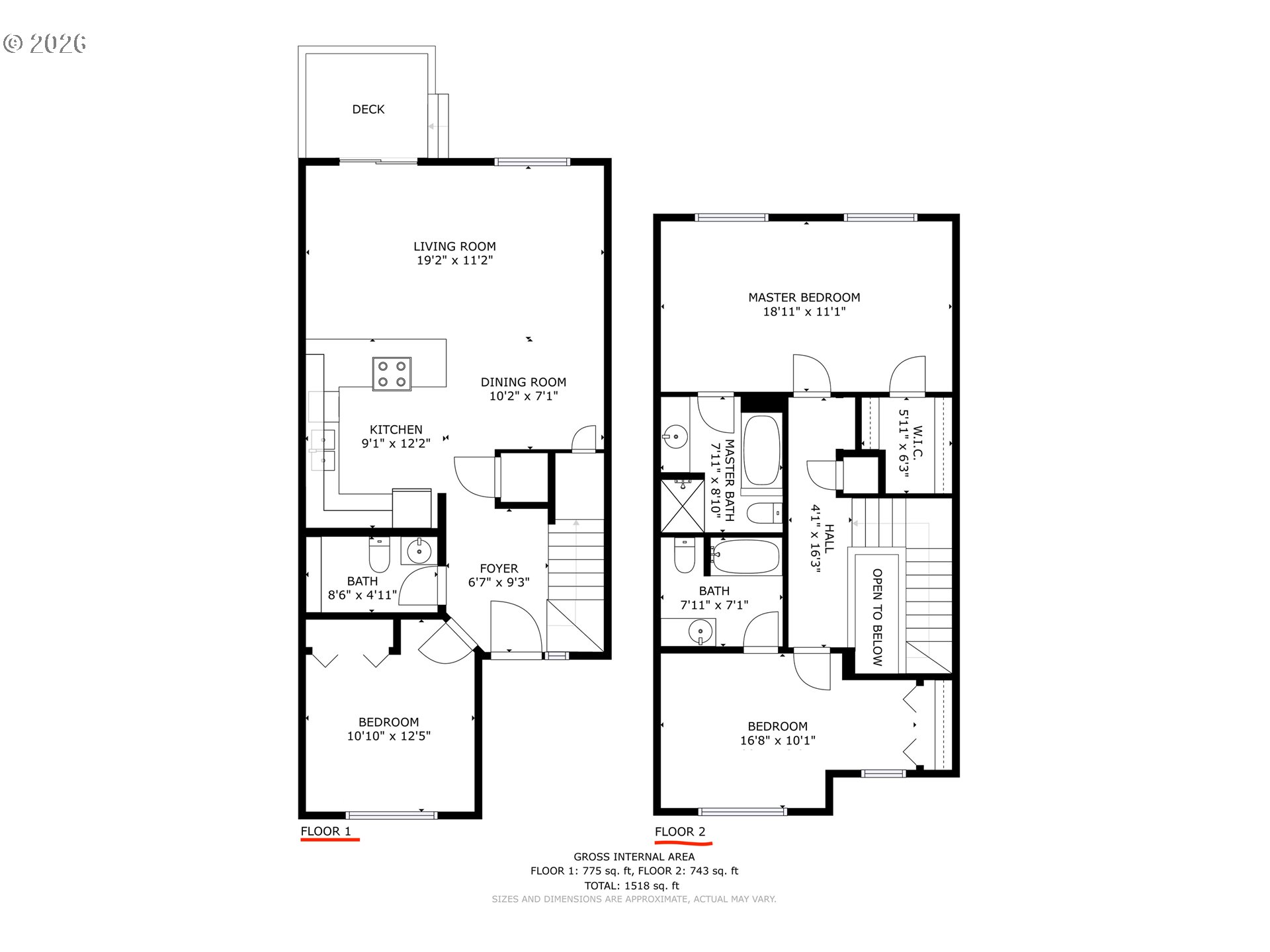 Two-story floor plan with room labels and dimensions; total area is 1,518 square feet.