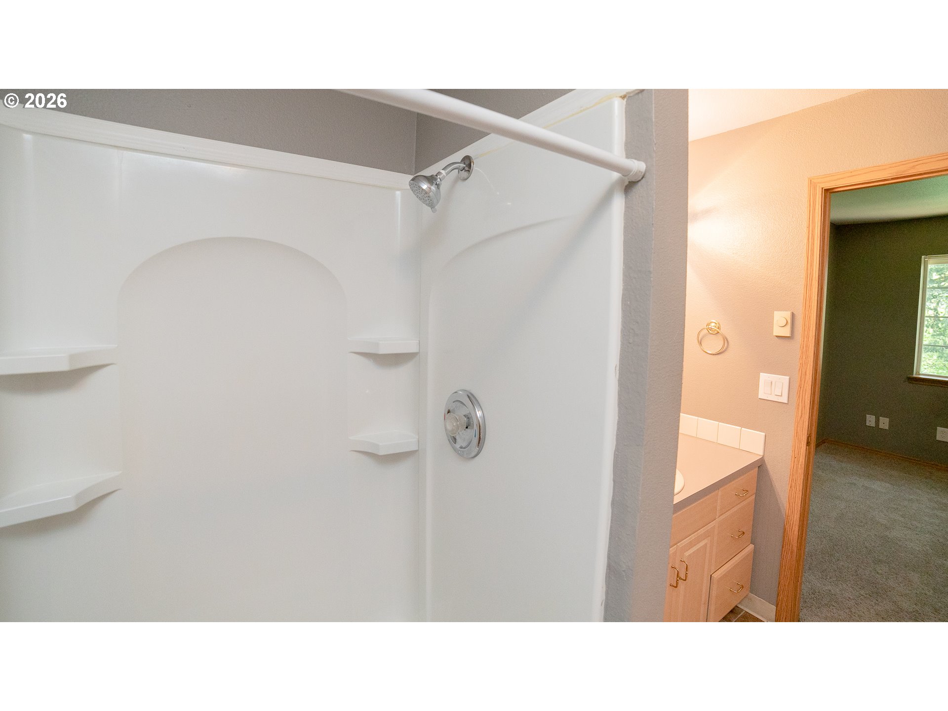 Bathroom shower with built-in shelves and chrome fixtures beside a wood vanity and open doorway.