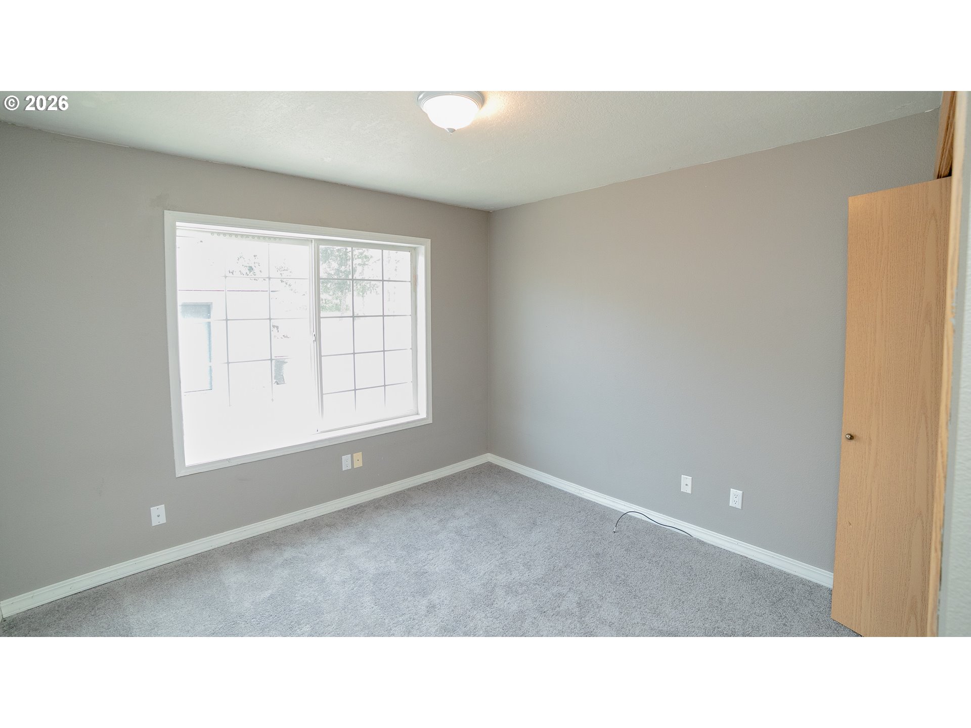 Vacant carpeted room with a large grid-pane window and an open wooden door.