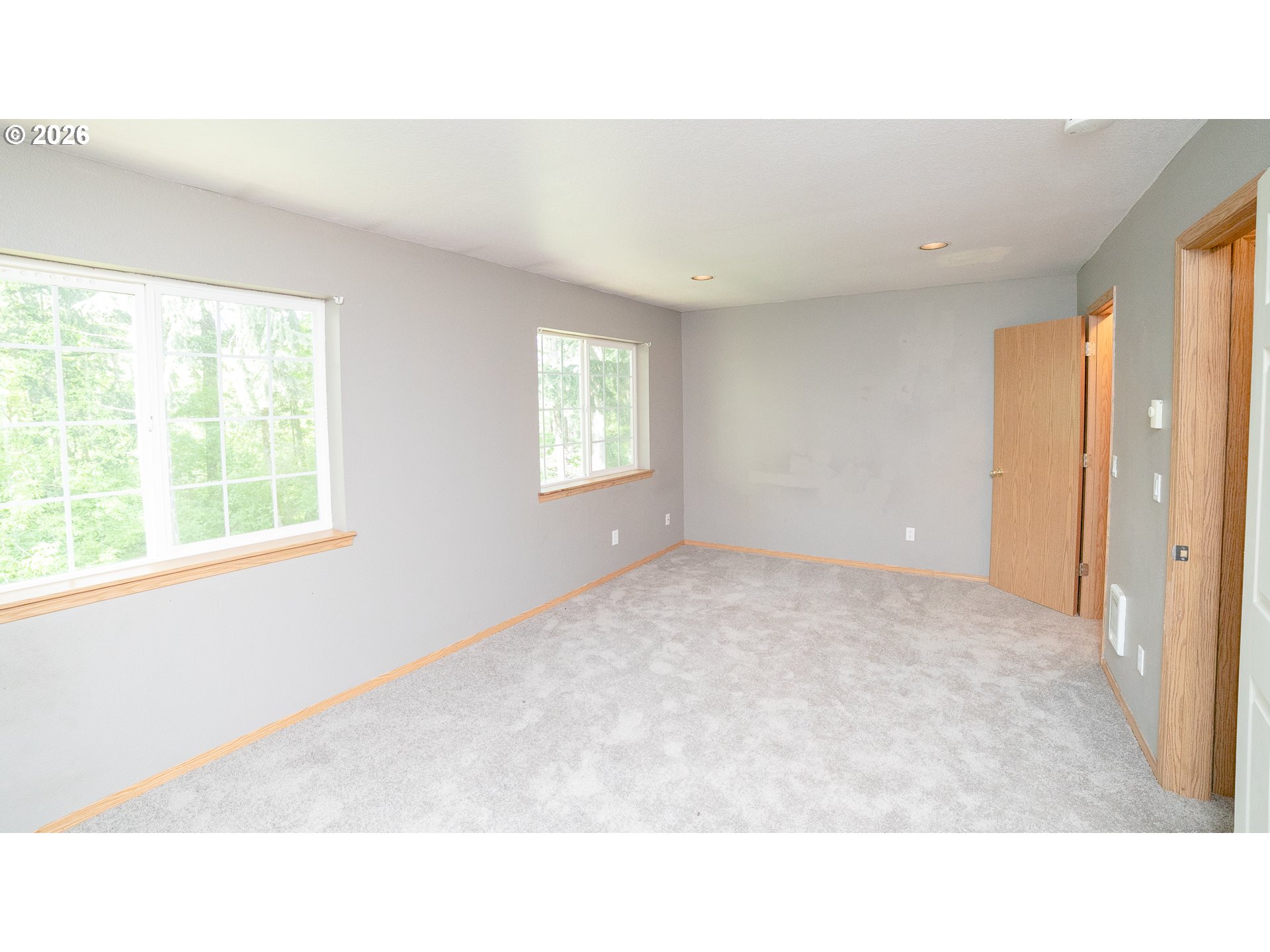 Empty carpeted room with two large windows, gray walls, and natural wood trim.