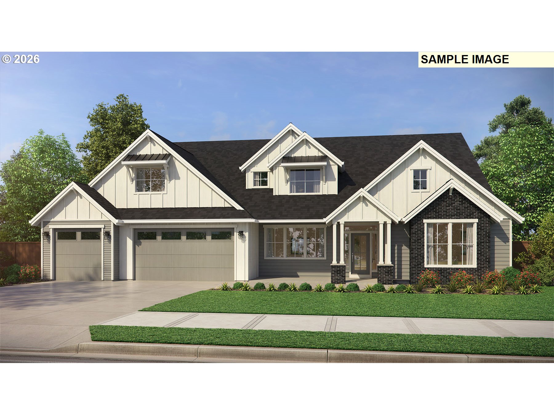 Rendered home exterior with multiple gables, a three-car garage, dark brick accents, and landscaped lawn.