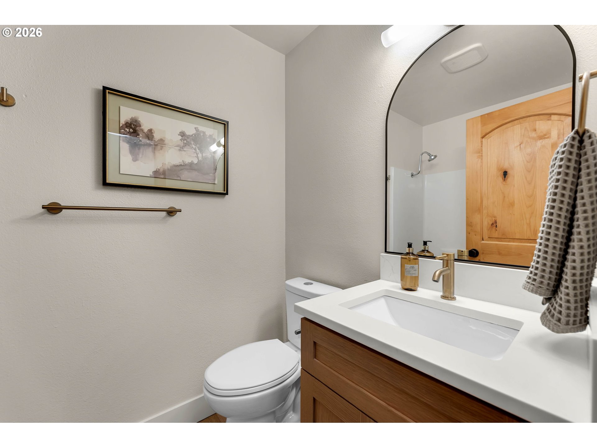 Bathroom with a wood vanity, white sink, arched mirror, and toilet.