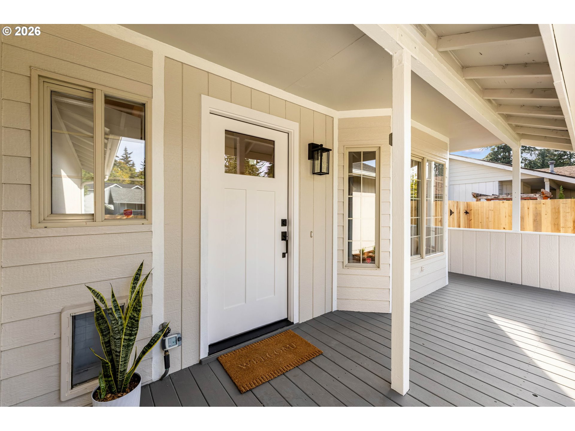 Covered front porch with a white entry door, gray decking, and a potted snake plant.