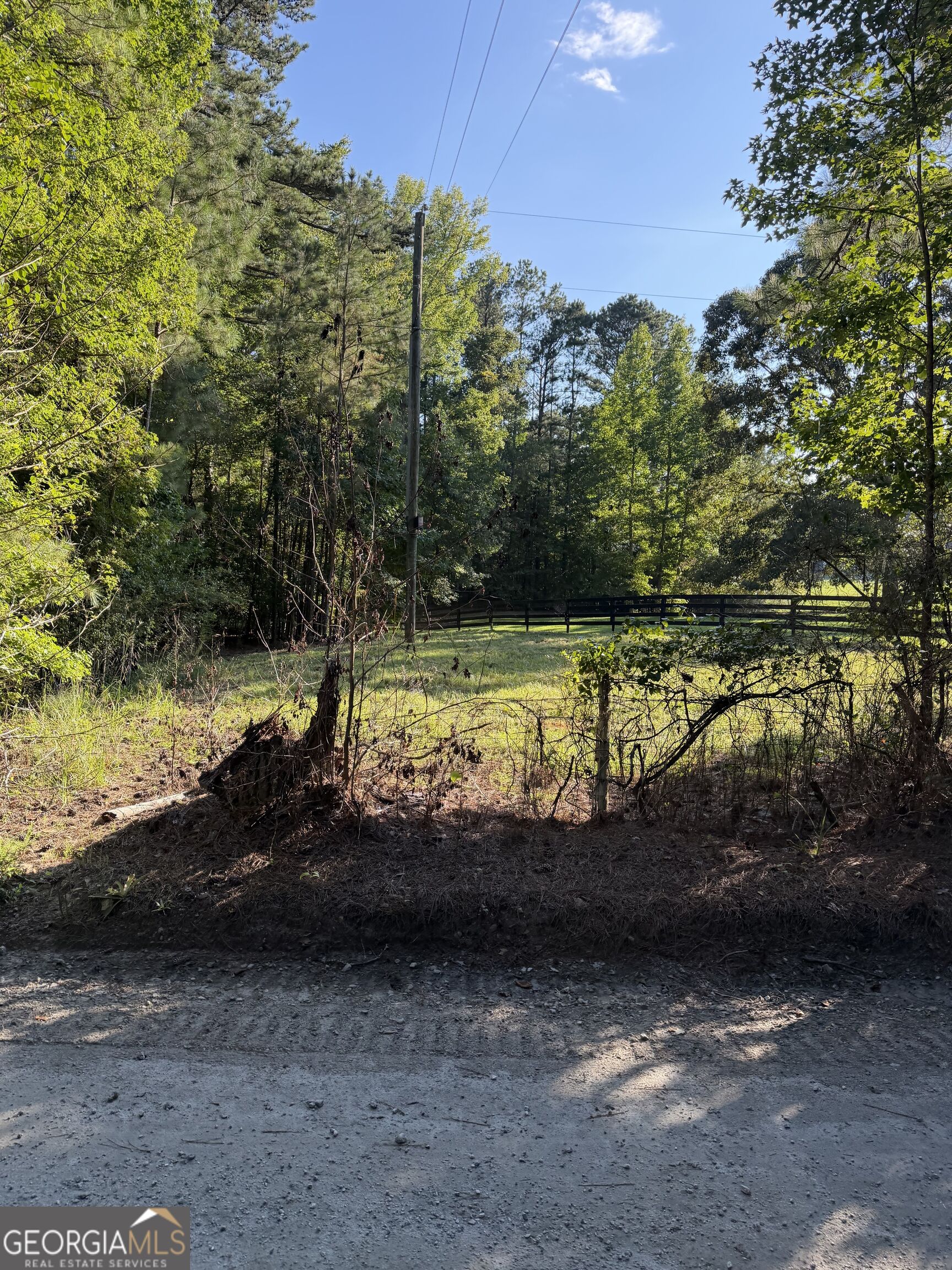 Wooded vacant lot with a fenced grassy clearing, viewed from a gravel road.