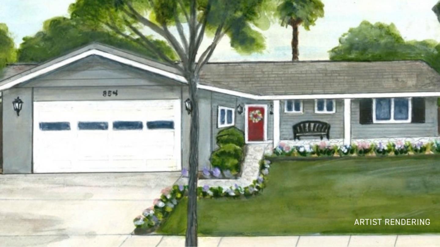 Artist rendering of a gray single-story home with a white garage, red door, and landscaped flower beds.