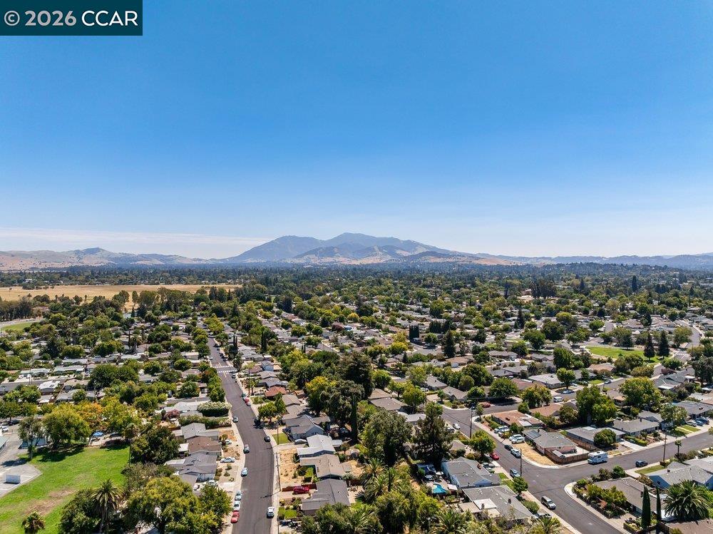 Aerial view of a Concord neighborhood with tree-lined streets and distant mountains.