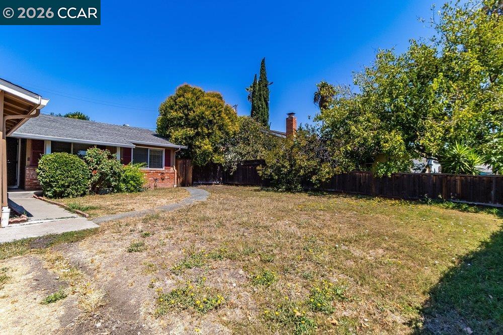 Backyard with a dry lawn, curved walkway, brick house, mature trees, and wooden fence.