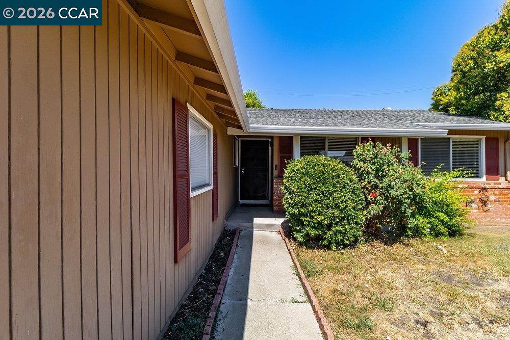 Home entrance with brown siding, red shutters, a concrete walkway, and shrubs.