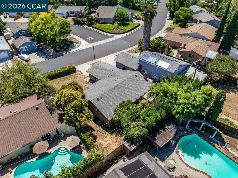 Aerial view of homes and two backyard pools beside a tree-lined neighborhood street.