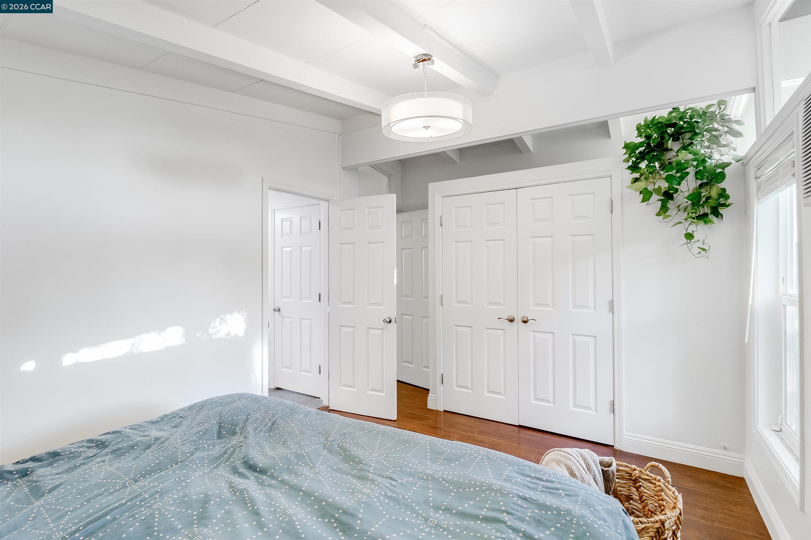 Bright bedroom with white paneled closet doors, exposed ceiling beams, and a trailing plant by the windows.