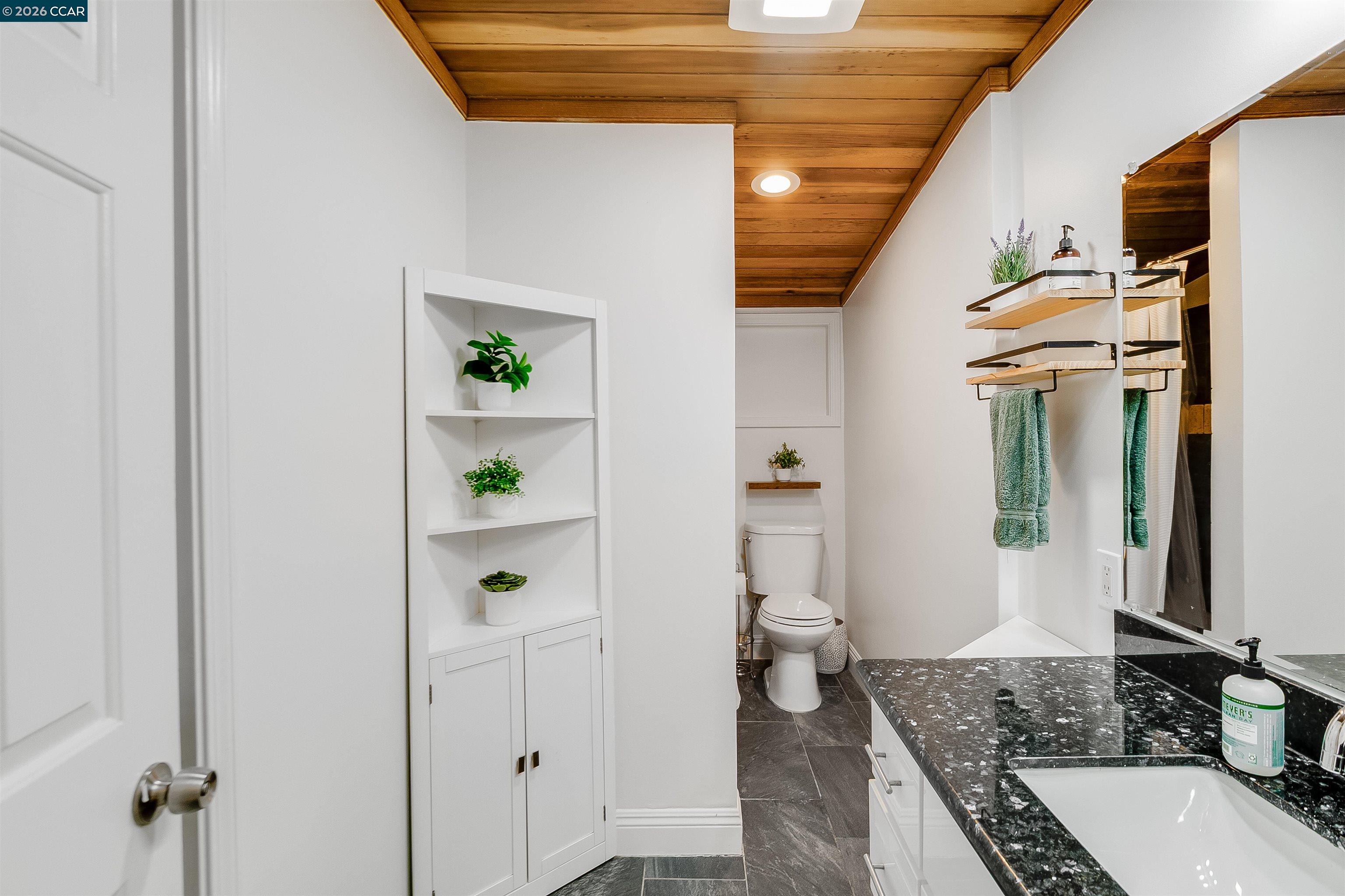 Bathroom with dark speckled stone vanity, built-in plant shelves, and a warm wood-plank ceiling.