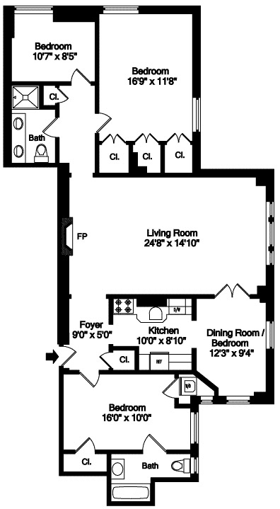 Floor plan of a four-bedroom apartment with a living room, kitchen, foyer, and two bathrooms.