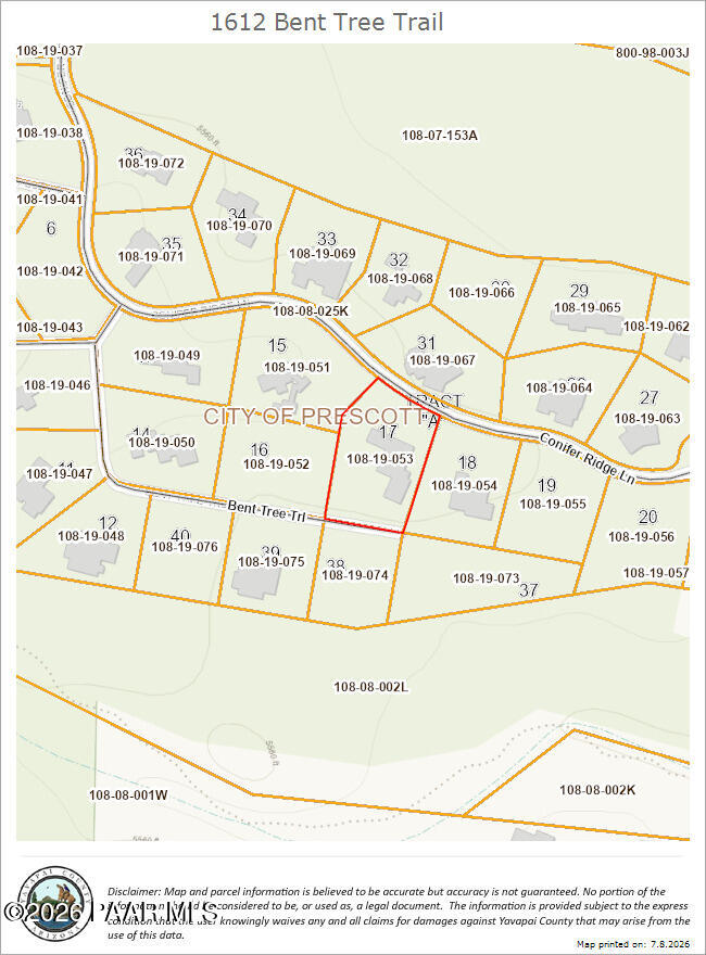 Parcel map marking 1612 Bent Tree Trail in Prescott, with the property outlined in red.