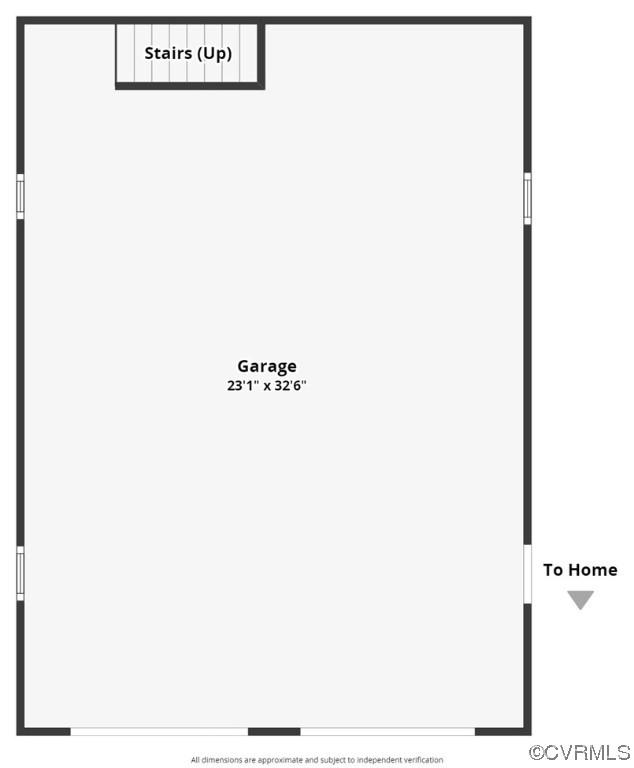Garage floor plan showing dimensions, stairs, and the opening to the home.