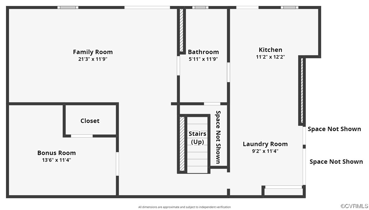 Floor plan showing a family room, bonus room, kitchen, bathroom, laundry room, closet, and stairs.