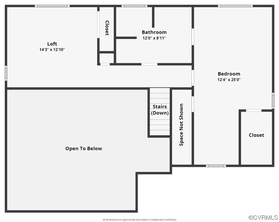 Second-floor plan with a loft, bedroom, bathroom, closets, stairs, and an open-to-below area.