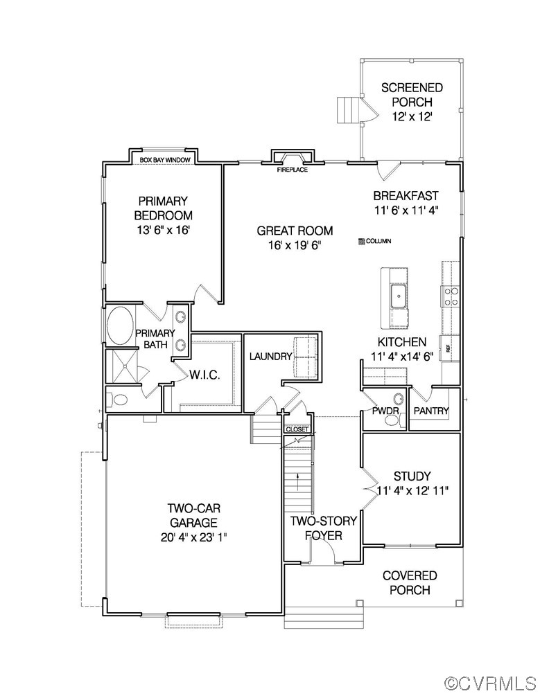 First-floor plan with a primary suite, open great room and kitchen, study, two-car garage, and porches.