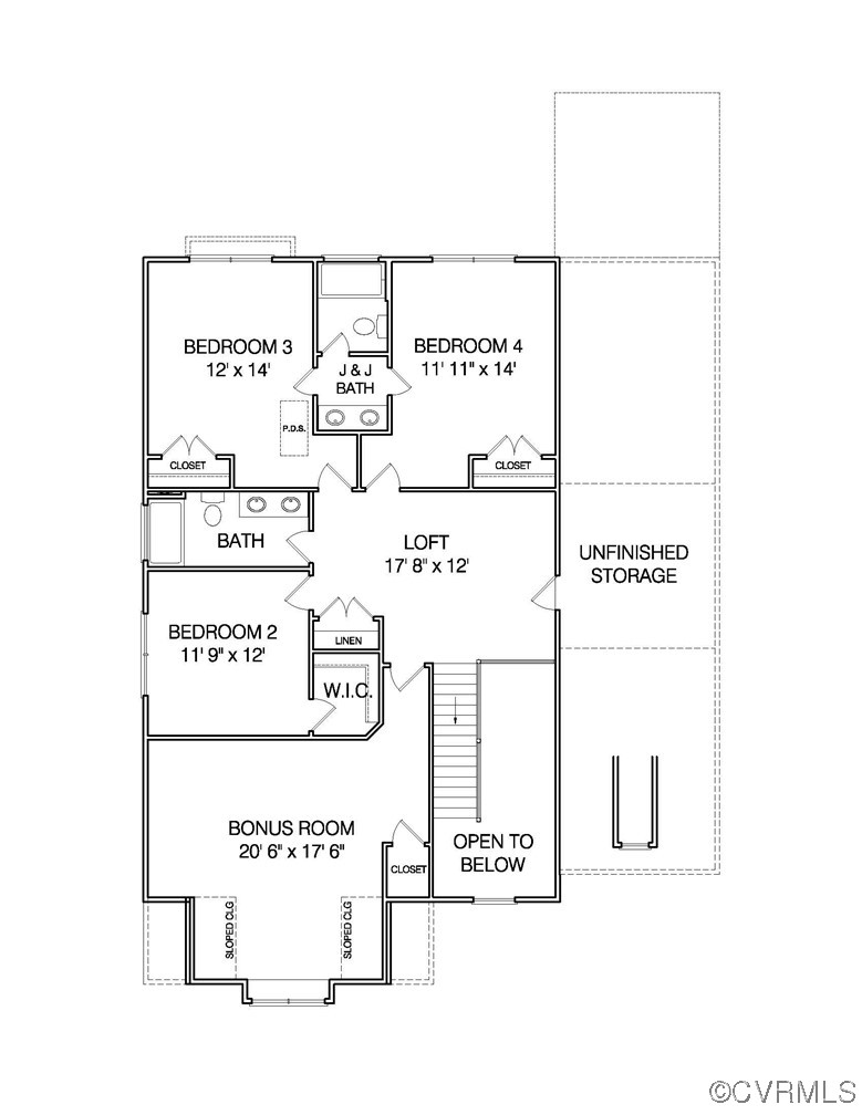 Second-floor plan showing three bedrooms, a loft, bonus room, bathrooms, and unfinished storage.