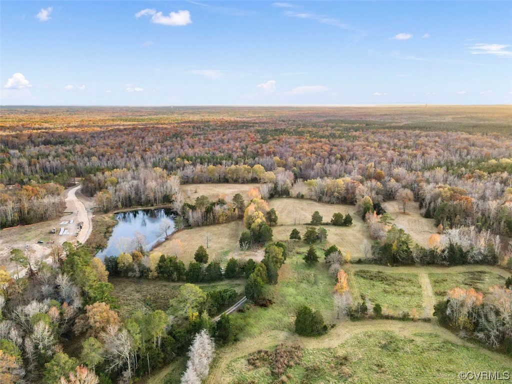 Aerial view of open fields and autumn woods surrounding a pond, with a curving road nearby.
