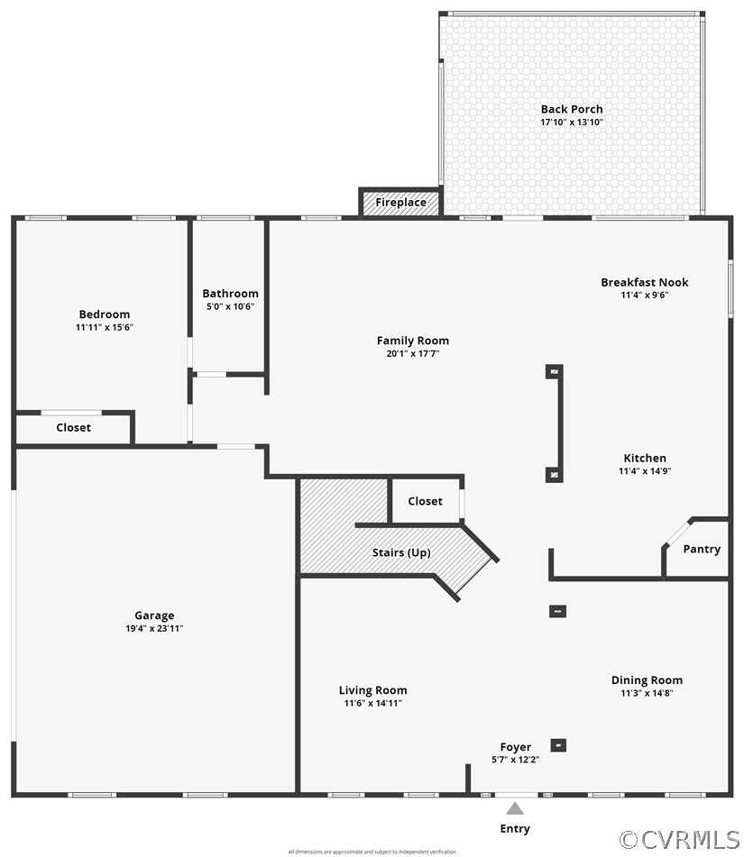 First-floor house plan with labeled rooms, dimensions, garage, back porch, and entry.