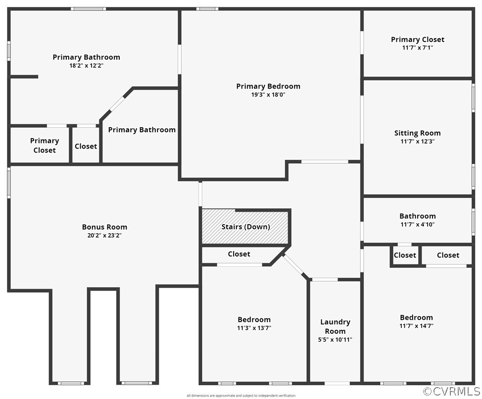 Second-floor floor plan with primary suite, sitting room, bonus room, two bedrooms, laundry room, and stairs.