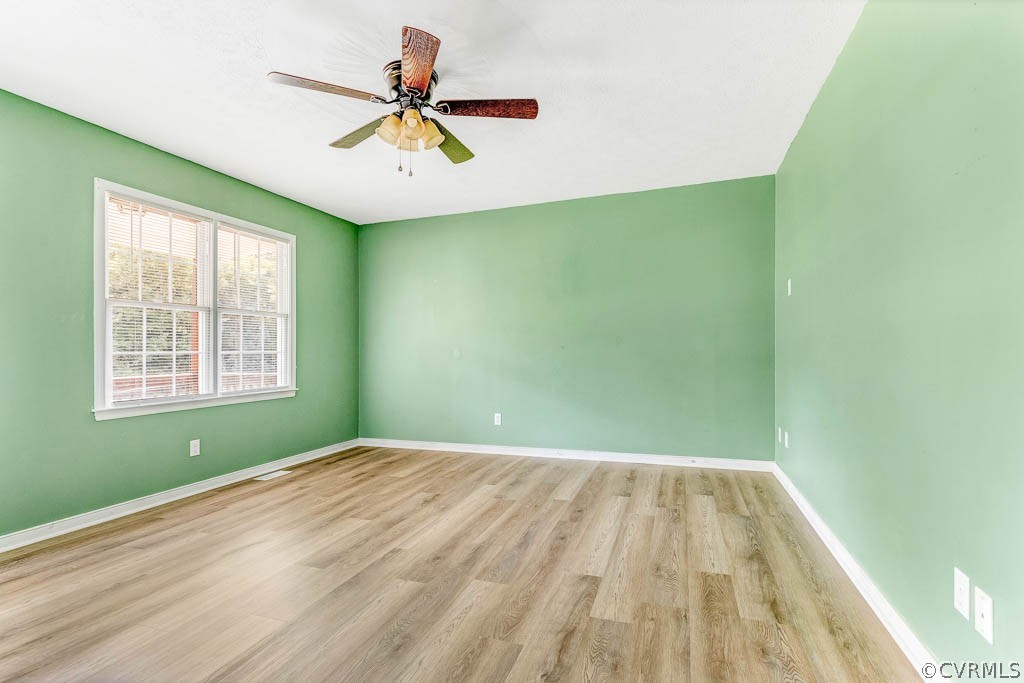 Empty room with green walls, wood-look flooring, a ceiling fan, and a wide window.