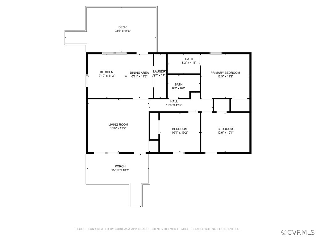 Floor plan of 42 Rhodes Ln with three bedrooms, two bathrooms, a deck, and a porch.