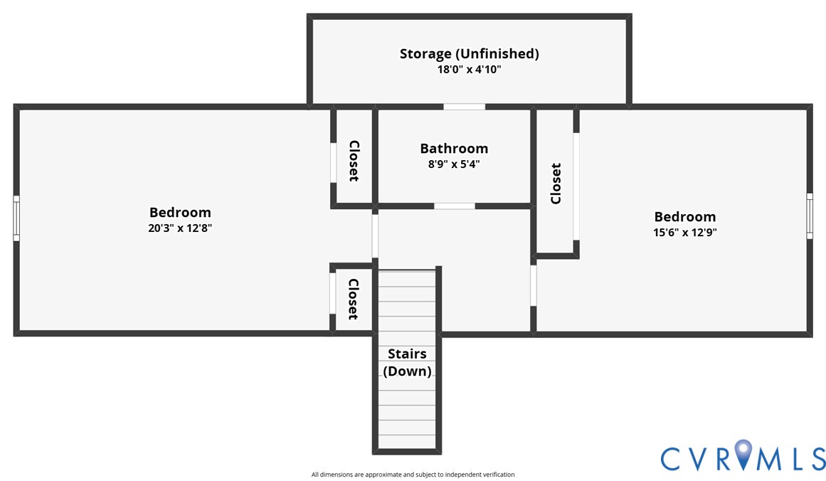 Upper-level floor plan with two bedrooms, a bathroom, closets, unfinished storage, and stairs down.