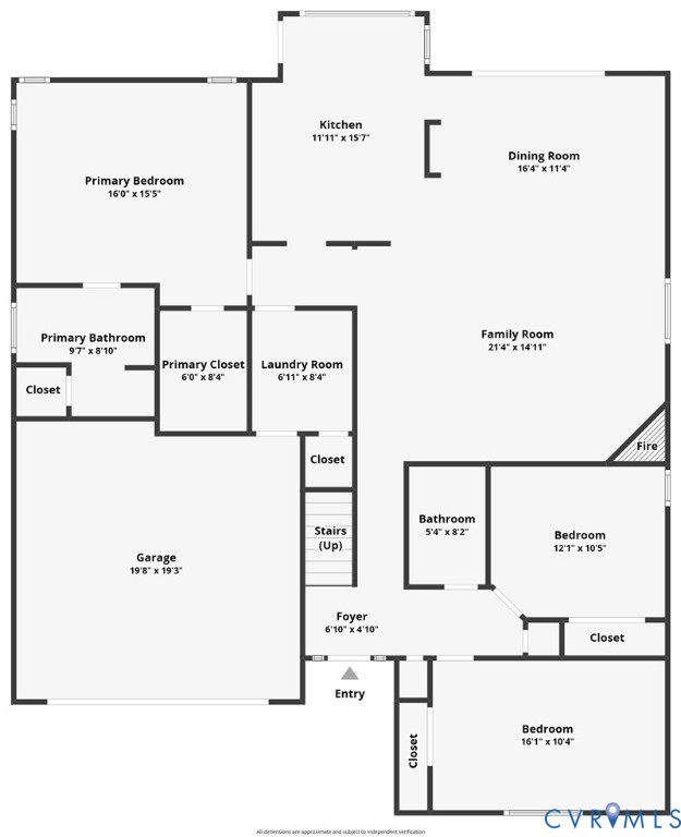 Floor plan with three bedrooms, two bathrooms, a garage, and open kitchen, dining, and family rooms.
