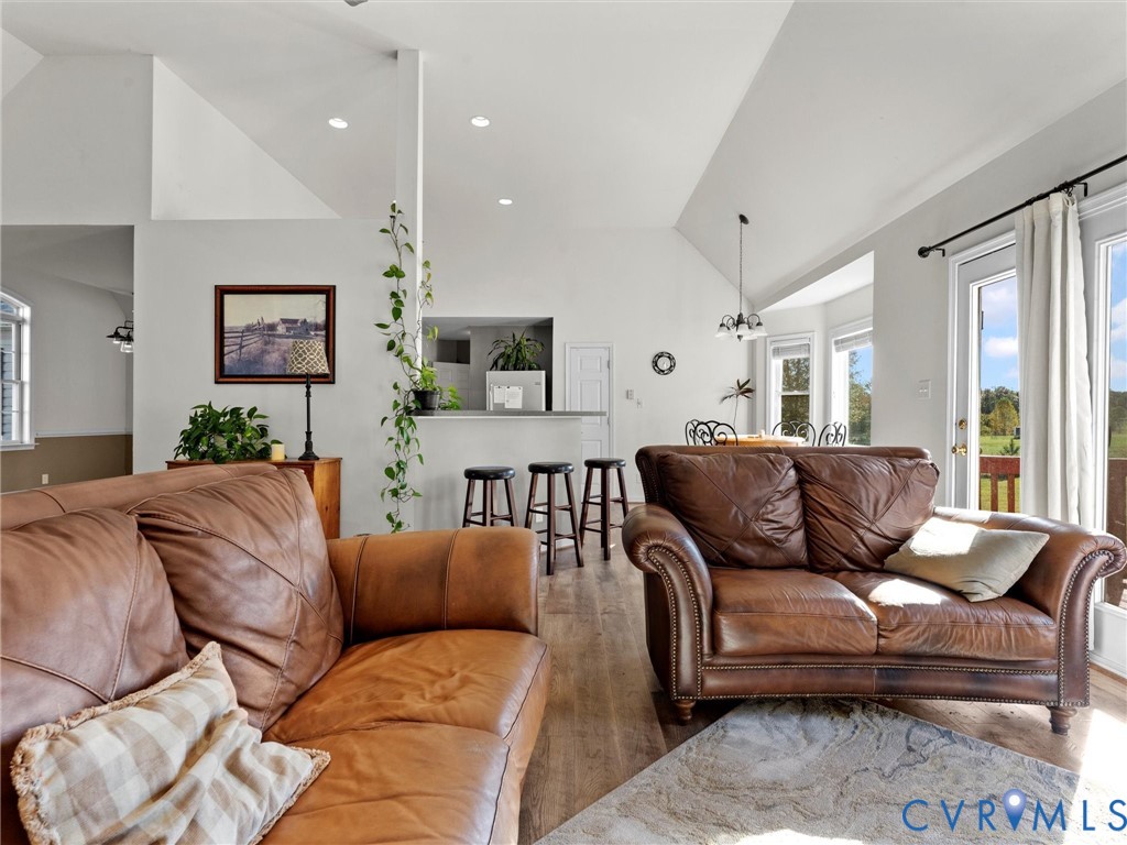 Living room with brown leather sofas, vaulted ceiling, and a breakfast bar overlooking the yard.