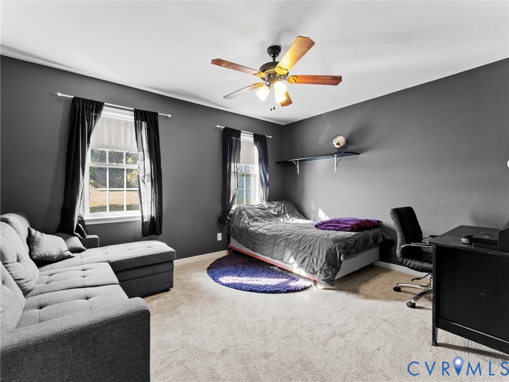 Bedroom with gray walls, a bed, sectional sofa, and two curtained windows.