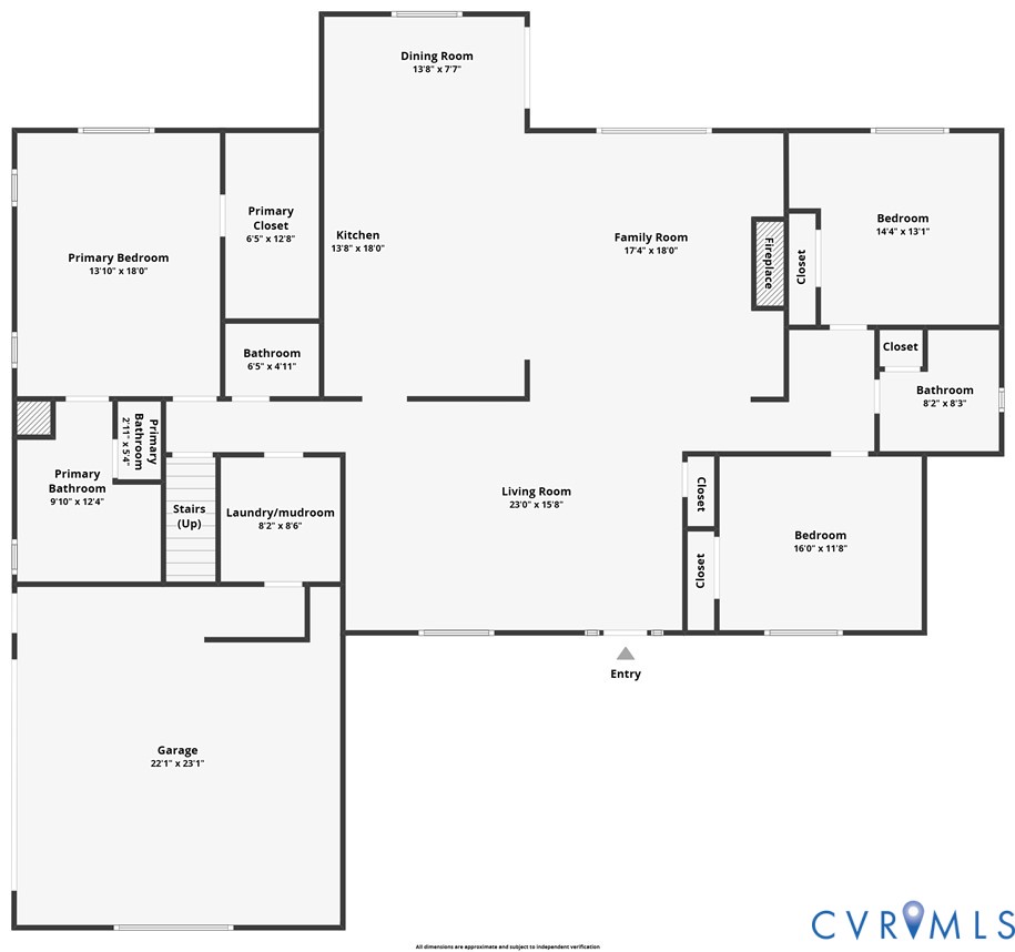 Floor plan showing three bedrooms, living and family rooms, kitchen, dining room, bathrooms, laundry, and garage.