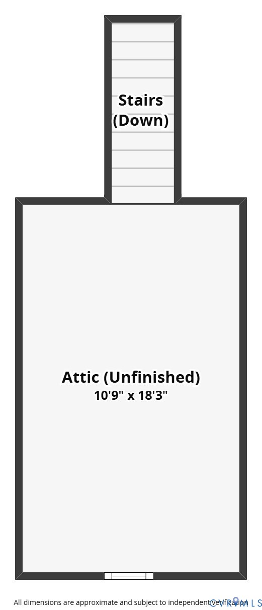 Unfinished attic floor plan with stairs leading down and dimensions of 10 feet 9 inches by 18 feet 3 inches.