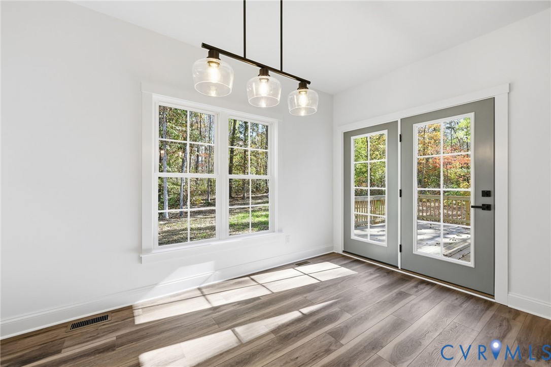 Vacant room with divided-light windows, glass doors to a deck, and plank flooring.