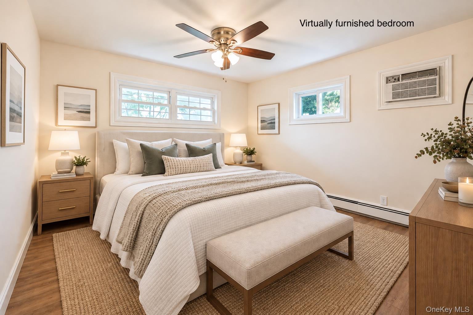 Virtually furnished bedroom with a large bed, ceiling fan, and windows, including one with a window air conditioner.