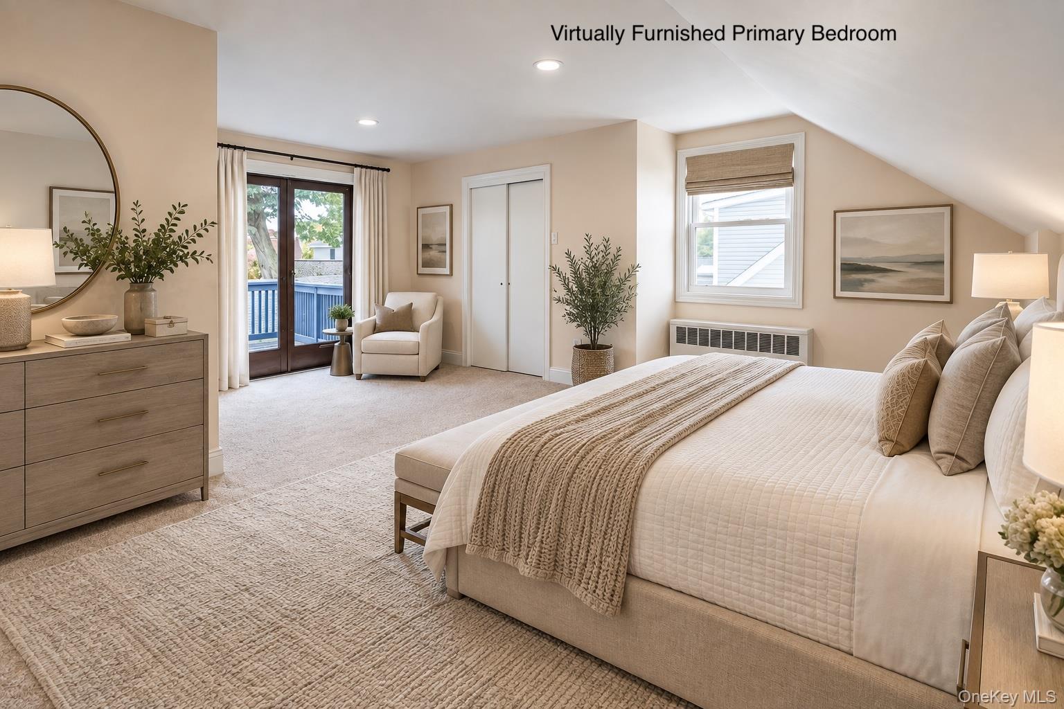 Virtually furnished primary bedroom with a large bed, dresser, round mirror, and glass doors to a balcony.