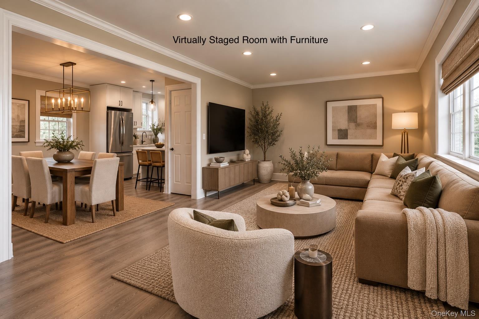 Virtually staged living room with a sectional sofa, television, and adjoining dining area.