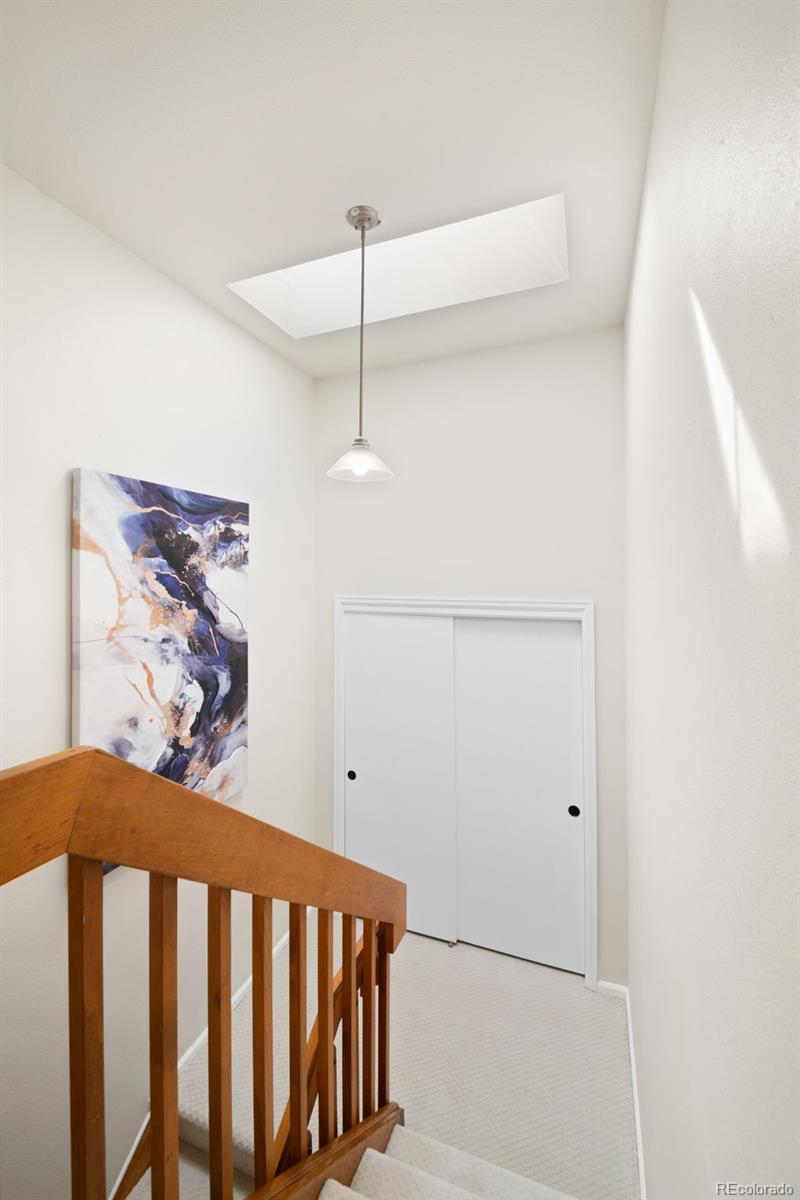 Carpeted upstairs landing with a wood stair railing, sliding closet doors, and a skylight.