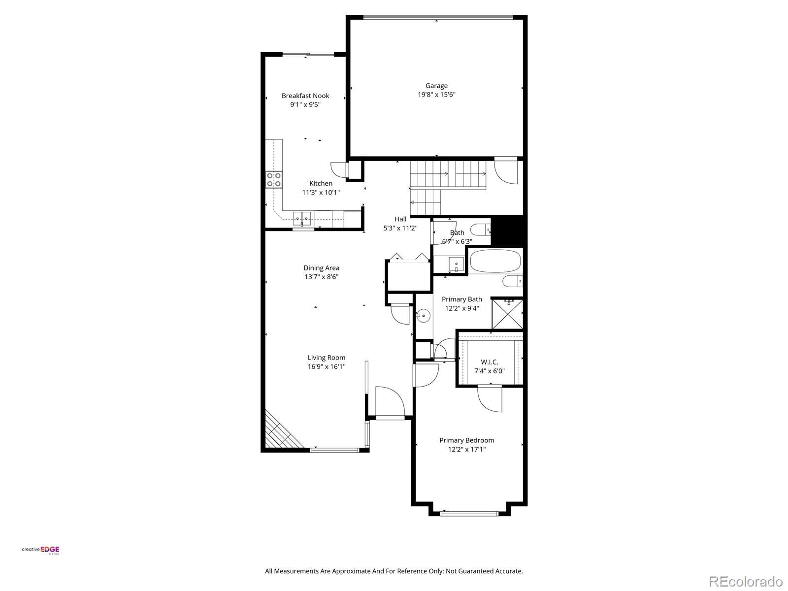 Floor plan showing the garage, kitchen, living and dining areas, and primary bedroom with labeled room dimensions.