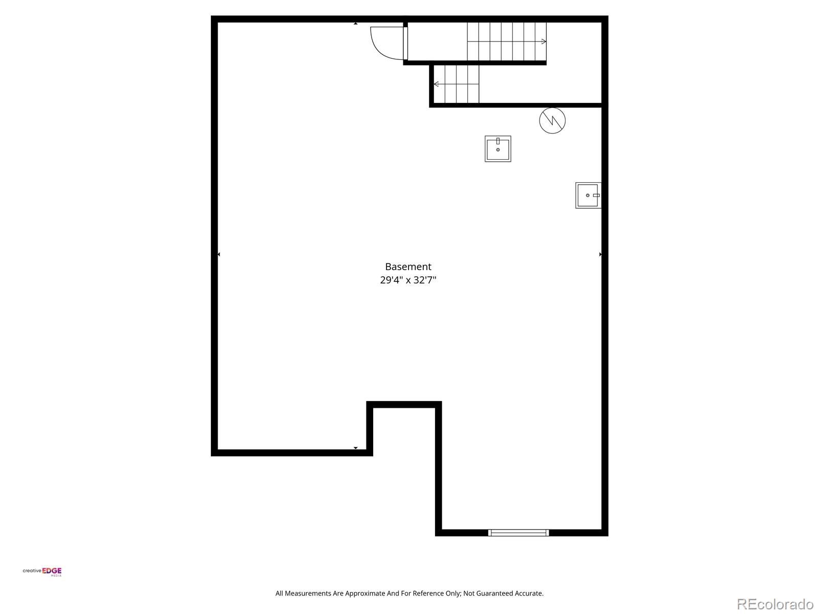 Basement floor plan labeled 29 feet 4 inches by 32 feet 7 inches, with stairs and a bottom-wall window.