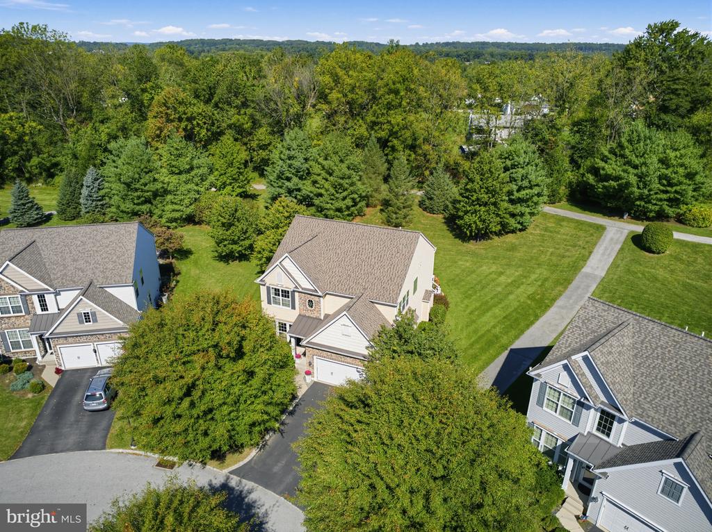 Aerial view of a two-story home with a curved driveway, lawns, and surrounding trees.